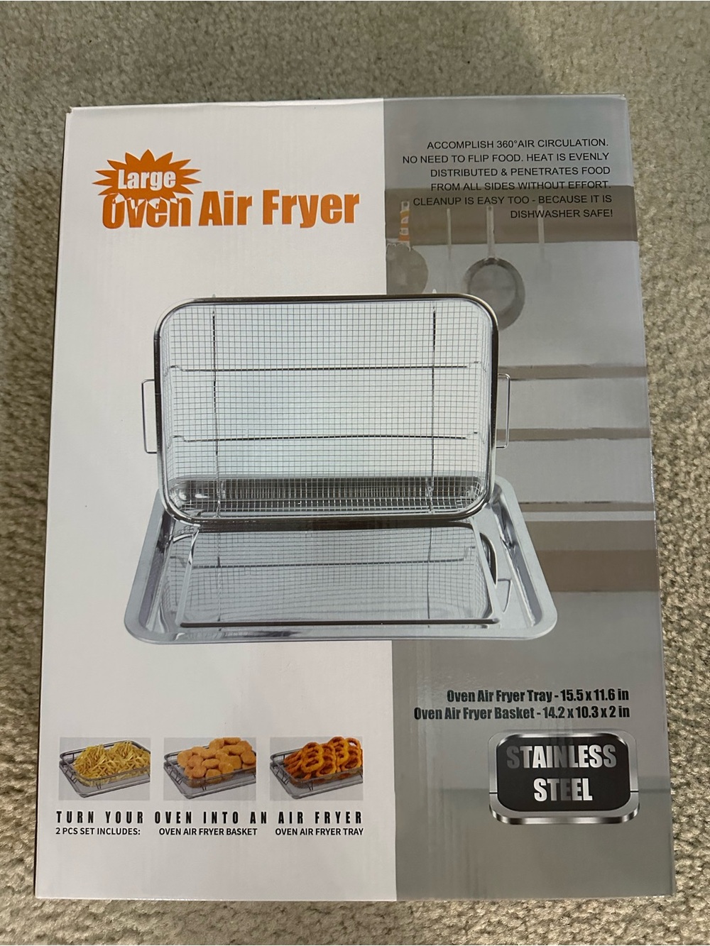 Large Oven Air Fryer Tray & Basket for Oven - Stainless Steel Silver